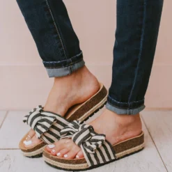 Slip On Bow Sandals Black Stripe Shoes