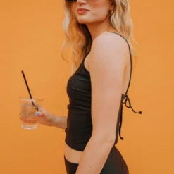 Lucy Avenue Barbados Tie Up Back Top Black