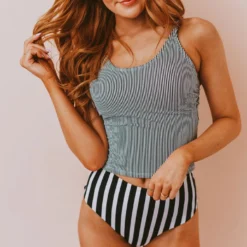 Lucy Avenue Barbados Tie Up Back Top Black & White Pin Stripes