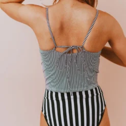 Lucy Avenue Barbados Tie Up Back Top Black & White Pin Stripes