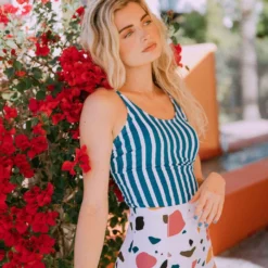 Lucy Avenue Barbados Tie Up Back Top Blue & White Stripes Swim