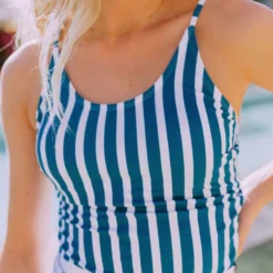 Lucy Avenue Barbados Tie Up Back Top Blue & White Stripes Swim