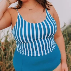 Lucy Avenue Barbados Tie Up Back Top Blue & White Stripes Swim