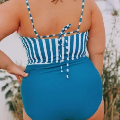 Lucy Avenue Barbados Tie Up Back Top Blue & White Stripes Swim