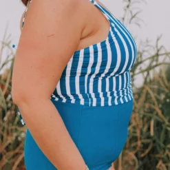 Lucy Avenue Barbados Tie Up Back Top Blue & White Stripes Swim