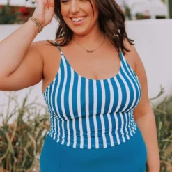 Lucy Avenue Barbados Tie Up Back Top Blue & White Stripes Swim