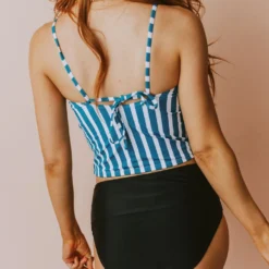 Lucy Avenue Barbados Tie Up Back Top Blue & White Stripes Swim