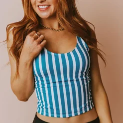 Lucy Avenue Barbados Tie Up Back Top Blue & White Stripes Swim