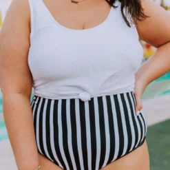 Lucy Avenue Swim Breezy Reversible High Rise Bottom Black And Black & White Stripes