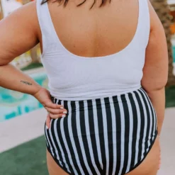 Lucy Avenue Swim Breezy Reversible High Rise Bottom Black And Black & White Stripes