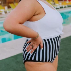 Lucy Avenue Swim Breezy Reversible High Rise Bottom Black And Black & White Stripes