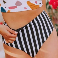 Lucy Avenue Swim Breezy Reversible High Rise Bottom Black And Black & White Stripes