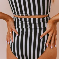 Lucy Avenue Swim Breezy Reversible High Rise Bottom Black And Black & White Stripes