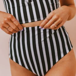Lucy Avenue Swim Breezy Reversible High Rise Bottom Black And Black & White Stripes