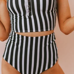 Lucy Avenue Swim Breezy Reversible High Rise Bottom Black And Black & White Stripes