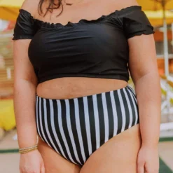 Lucy Avenue Breezy Reversible Mid Rise Bottom Black And Black & White Stripes Swim