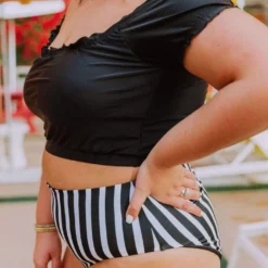 Lucy Avenue Breezy Reversible Mid Rise Bottom Black And Black & White Stripes Swim