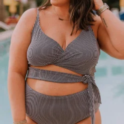 Lucy Avenue Puerto Rico Cutout One Piece Black & White Pin Stripes Swim