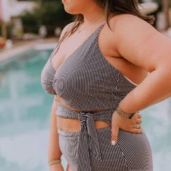 Lucy Avenue Puerto Rico Cutout One Piece Black & White Pin Stripes Swim