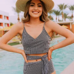 Lucy Avenue Puerto Rico Cutout One Piece Black & White Pin Stripes Swim