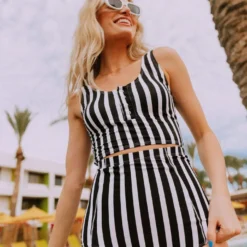 Lucy Avenue Swim Sun Kissed High Rise Bottom Black & White Stripes