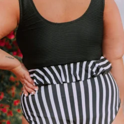 Lucy Avenue Tropical Reversible Peplum Ultra High Rise Bottom Black And Black & White Stripes