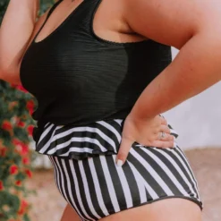 Lucy Avenue Tropical Reversible Peplum Ultra High Rise Bottom Black And Black & White Stripes