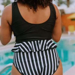 Lucy Avenue Tropical Reversible Peplum Ultra High Rise Bottom Black And Black & White Stripes