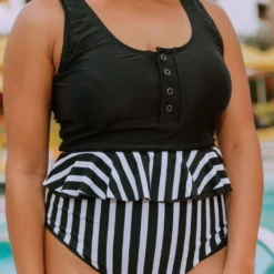 Lucy Avenue Tropical Reversible Peplum Ultra High Rise Bottom Black And Black & White Stripes