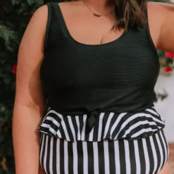 Lucy Avenue Tropical Reversible Peplum Ultra High Rise Bottom Black And Black & White Stripes