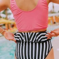 Lucy Avenue Tropical Reversible Peplum Ultra High Rise Bottom Black And Black & White Stripes