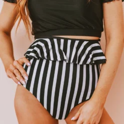 Lucy Avenue Tropical Reversible Peplum Ultra High Rise Bottom Black And Black & White Stripes