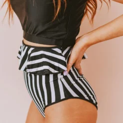Lucy Avenue Tropical Reversible Peplum Ultra High Rise Bottom Black And Black & White Stripes
