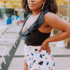 Lucy Avenue Tulum Ruffle Top Black Swim