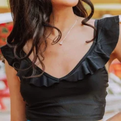 Lucy Avenue Tulum Ruffle Top Black Swim