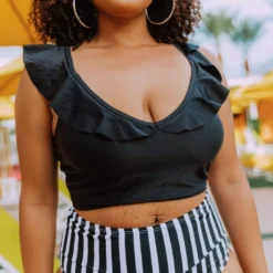 Lucy Avenue Tulum Ruffle Top Black Swim