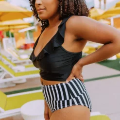 Lucy Avenue Tulum Ruffle Top Black Swim