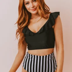 Lucy Avenue Tulum Ruffle Top Black Swim