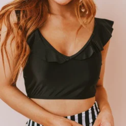 Lucy Avenue Tulum Ruffle Top Black Swim