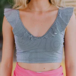 Lucy Avenue Tulum Ruffle Top Black & White Pin Stripes Swim
