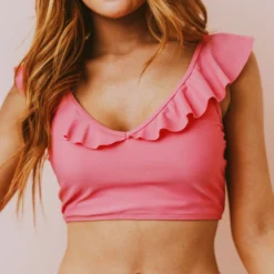 Lucy Avenue Tulum Ruffle Top Flamingo