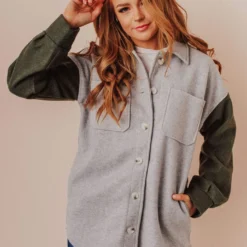 Lucy Avenue Lula Color Block Shacket Grey/Olive