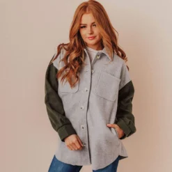 Lucy Avenue Lula Color Block Shacket Grey/Olive