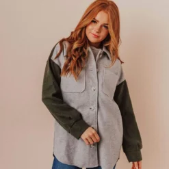 Lucy Avenue Lula Color Block Shacket Grey/Olive