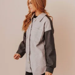 Lucy Avenue Lula Color Block Shacket Taupe/Brown