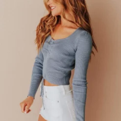 Vendor-unknown Tops Andee Cinch Crop Top Steel Blue