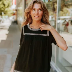 Vendor-unknown Tops Beth Embroidered Top Black