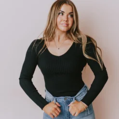 Lucy Avenue Charli Rib Knit Bodysuit Black