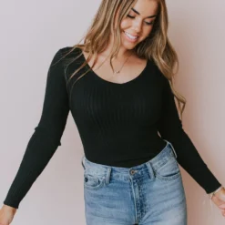 Lucy Avenue Charli Rib Knit Bodysuit Black