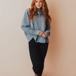 Vendor-unknown Dolly Button Up Sweatshirt Blue Tops